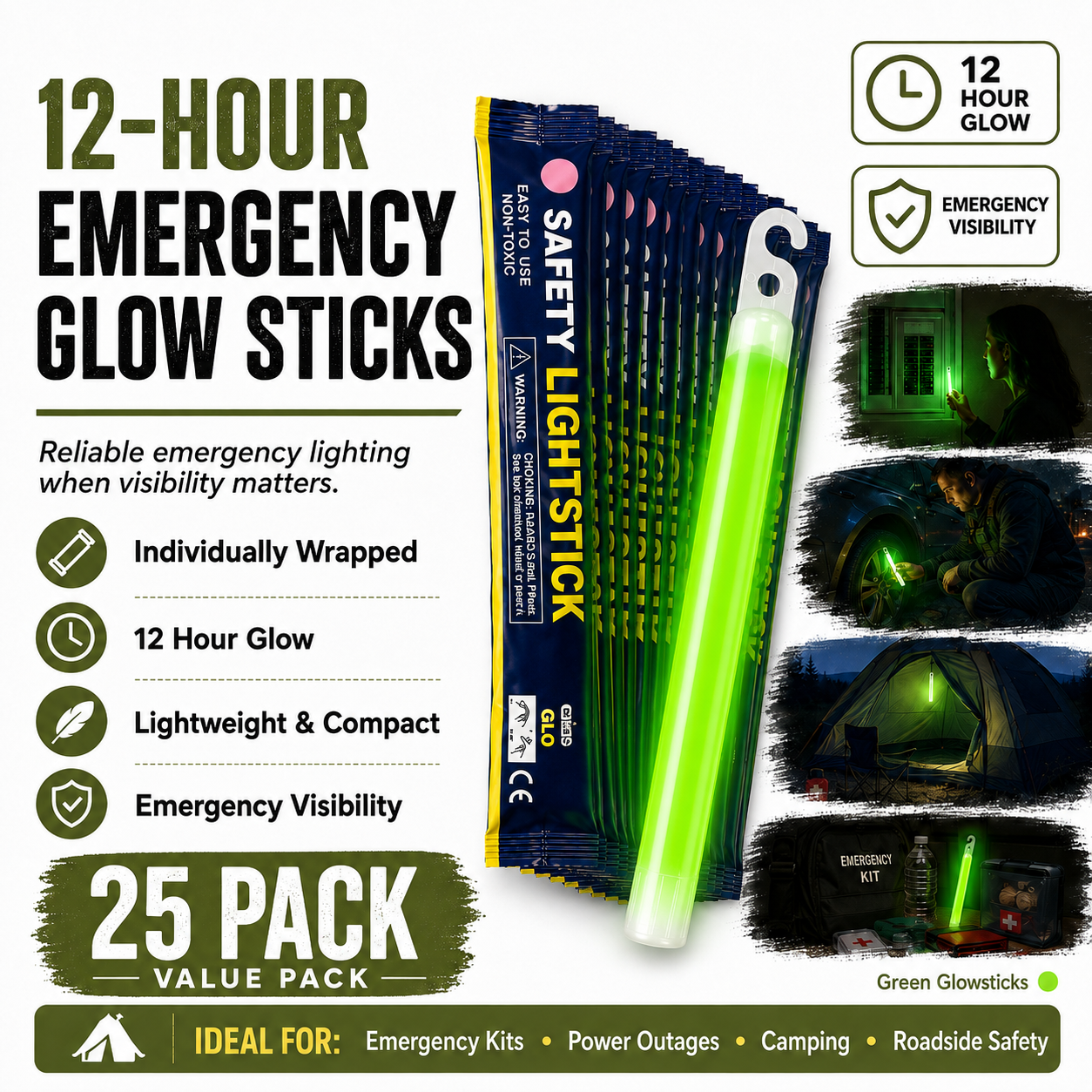 Emergency Glow Sticks - Up to 12 hours lighting