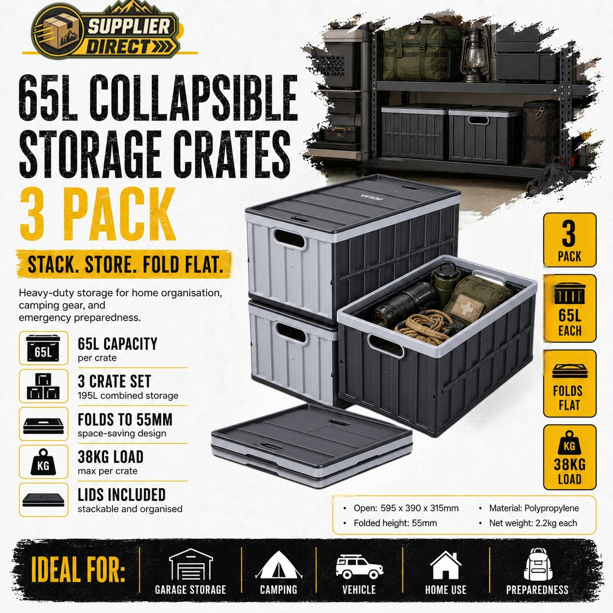 3-Pack 65L Collapsible Storage Crates with Lids – Heavy-Duty, Stackable & Space-Saving