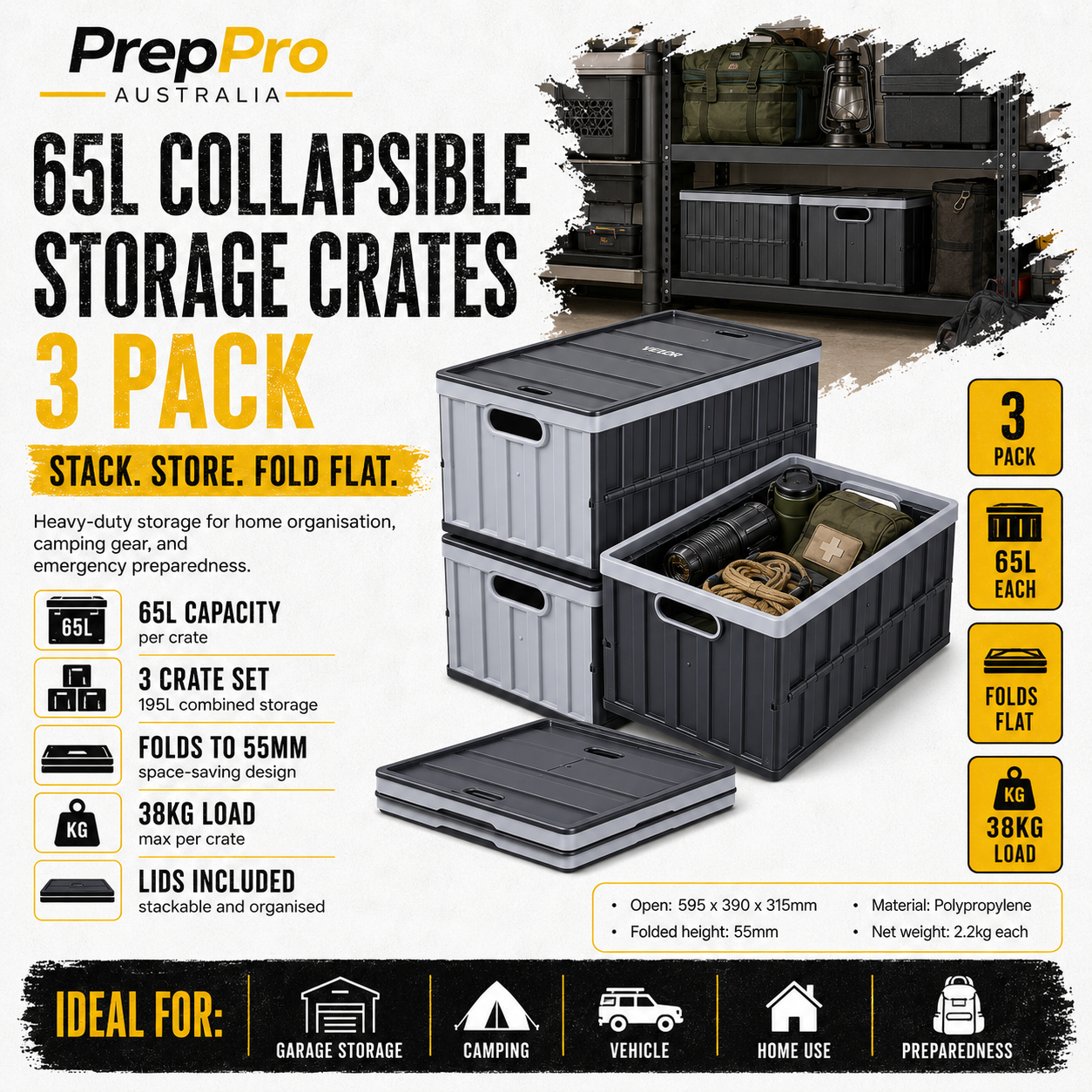 3-Pack 65L Collapsible Storage Crates with Lids – Heavy-Duty, Stackable & Space-Saving