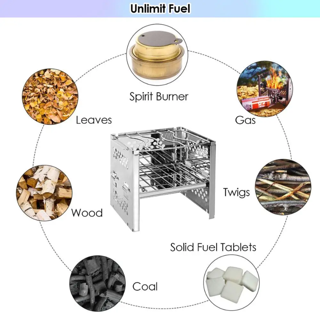 Mini Folding Stainless Steel Wood Stove – Compact, Tough & Ready for the Wild