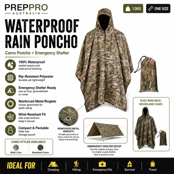 Rain Poncho – Camouflage Waterproof Survival Cover | PrepPro