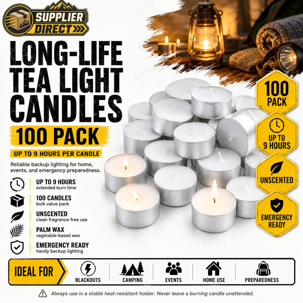 100-Pack Long-Life Tea Light Candles – Up to 9 Hours Burn Time