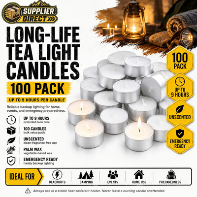 100-Pack Long-Life Tea Light Candles – Up to 9 Hours Burn Time