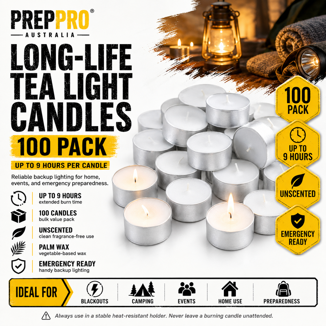 100-Pack Long-Life Tea Light Candles – Up to 9 Hours Burn Time