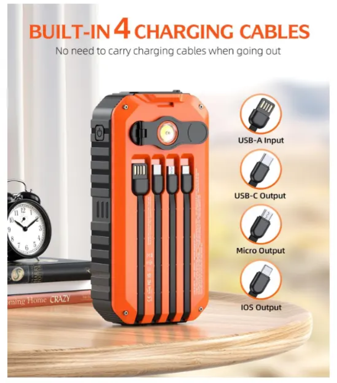 Solar Hand Crank Power Bank with Built-In Cables & PD Fast Charging