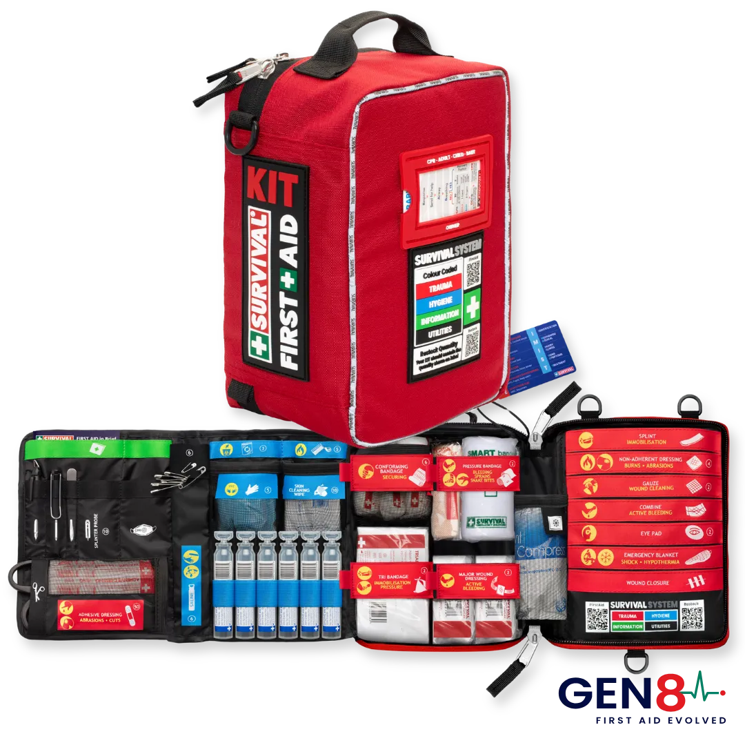 Red Gen 8 SURVIVAL First Aid KIT Large, closed and opened