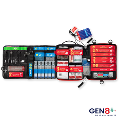 Open red Gen 8 first aid kit with colour coded supplies