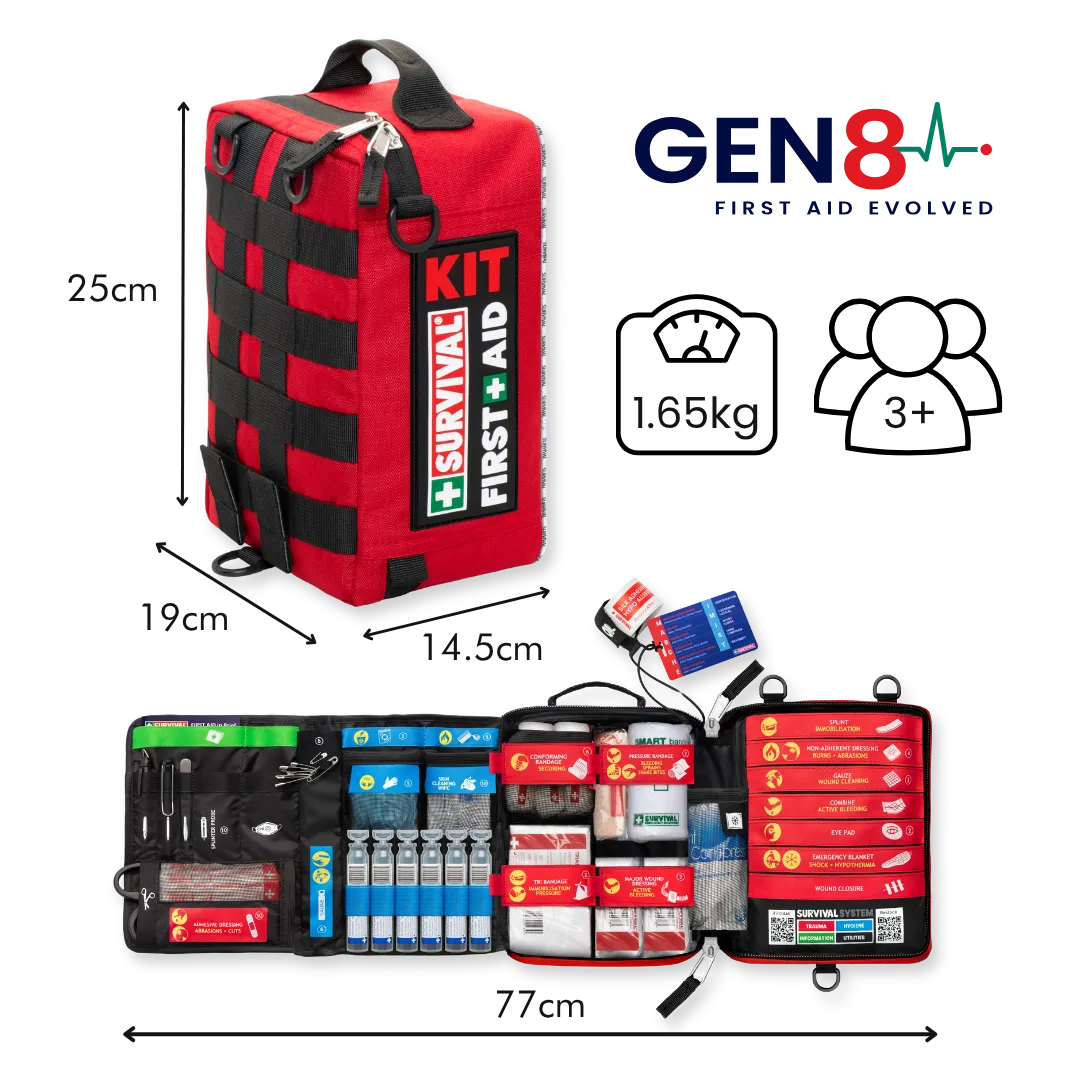 Red Gen 8 first aid kit dimensions and open layout