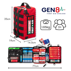 Red Gen 8 first aid kit dimensions and open layout