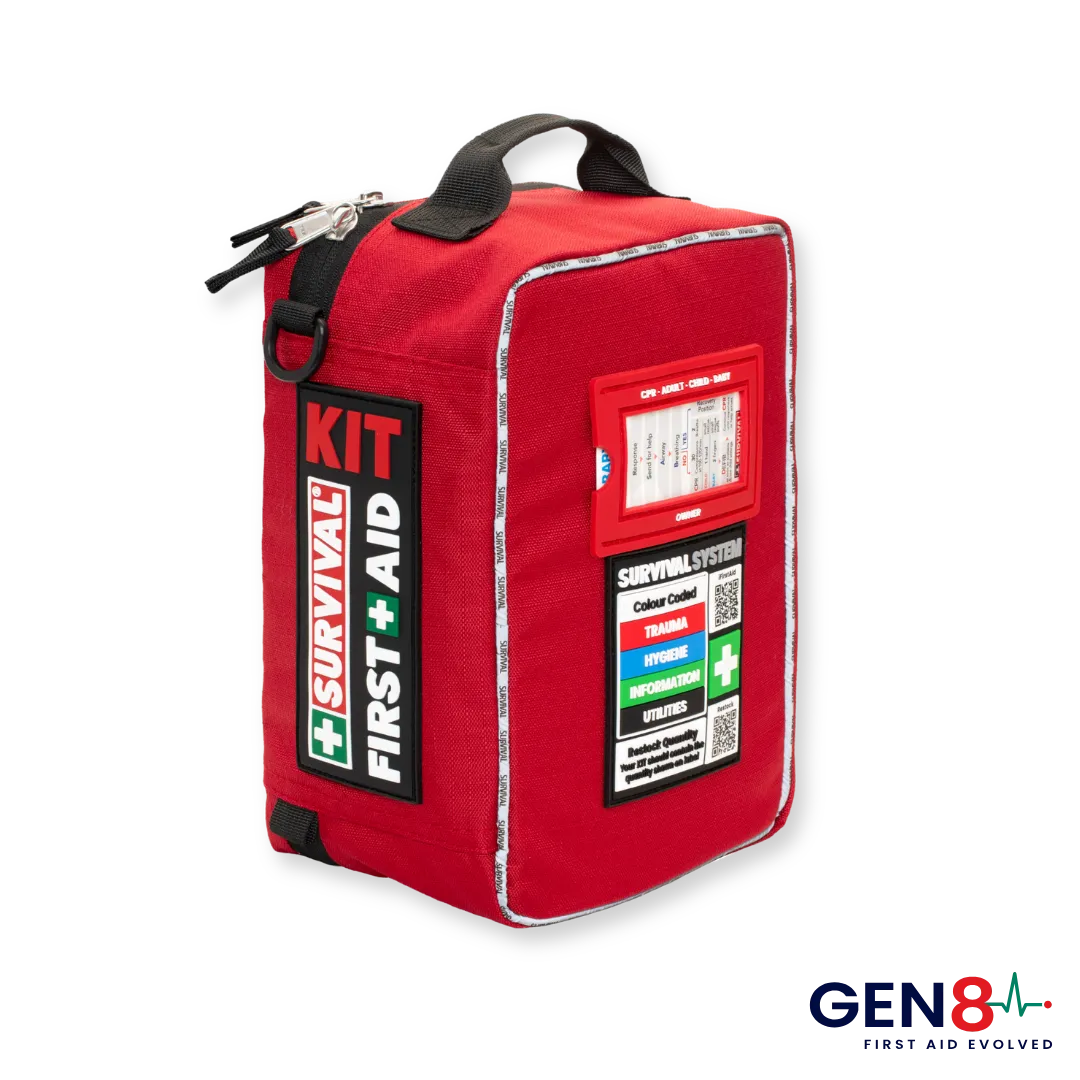 Red SURVIVAL First Aid KIT Large, angled front view