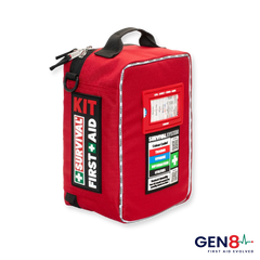 Red SURVIVAL First Aid KIT Large, angled front view
