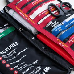 Close-up of the colour coded first aid supplies inside the SURVIVAL Slimline KIT