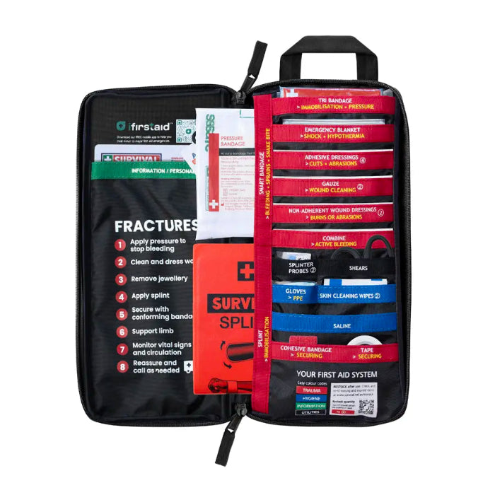 SURVIVAL Slimline First Aid KIT open with red outer case and colour coded supplies