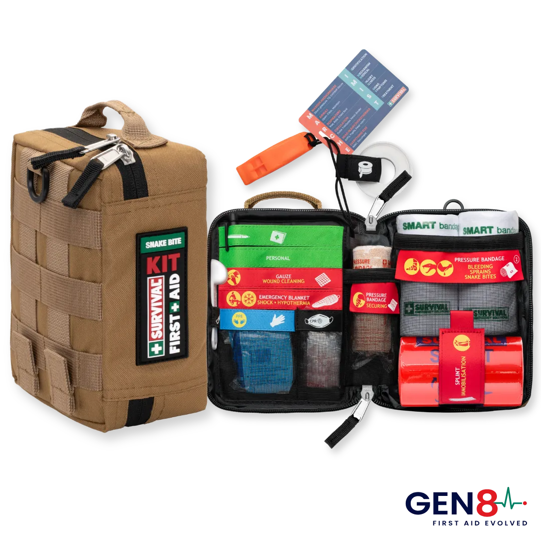 Tan SURVIVAL Snake Bite KIT Gen 8, closed and opened