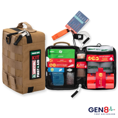 Tan SURVIVAL Snake Bite KIT Gen 8, closed and opened