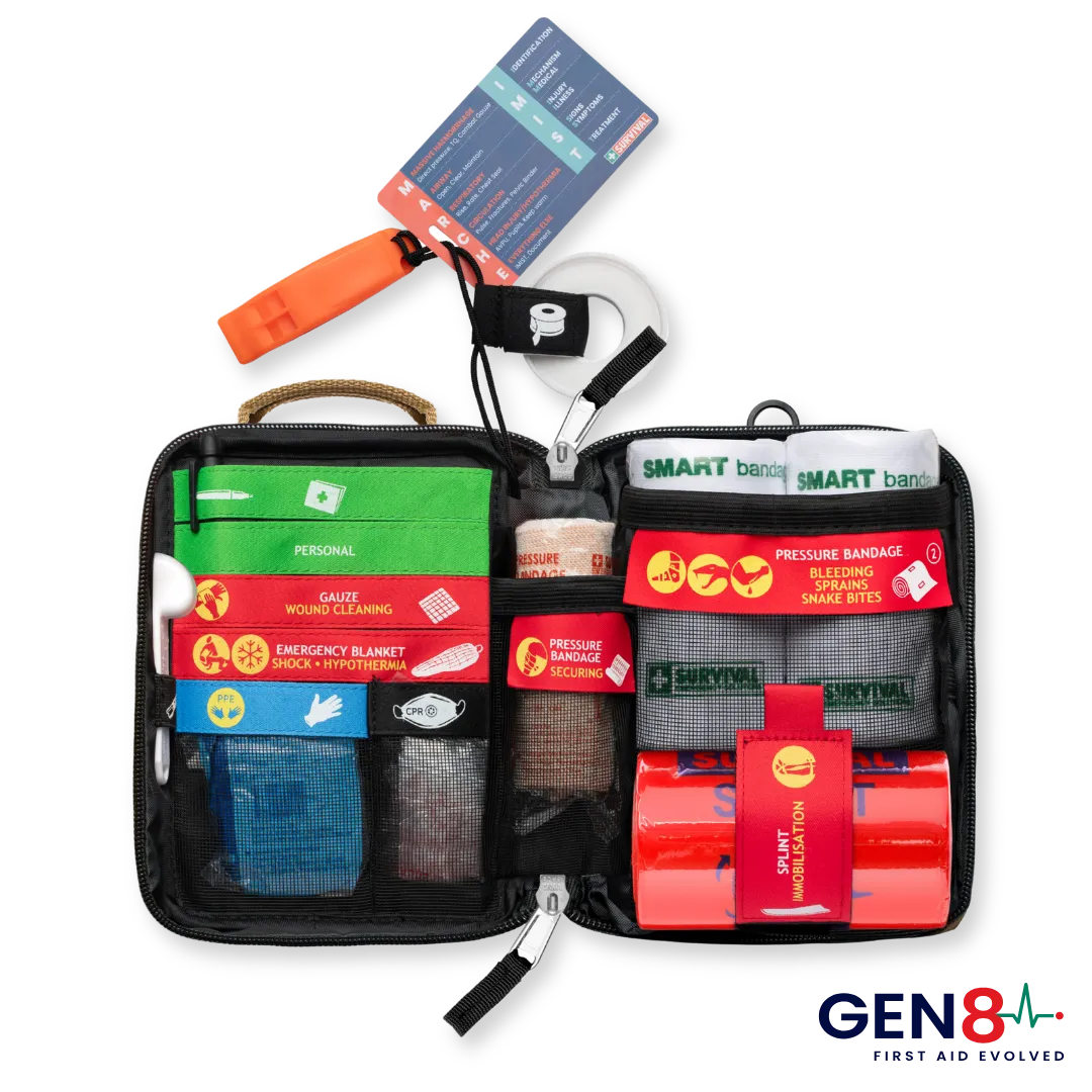 Open tan SURVIVAL Snake Bite KIT Gen 8 with colour coded supplies