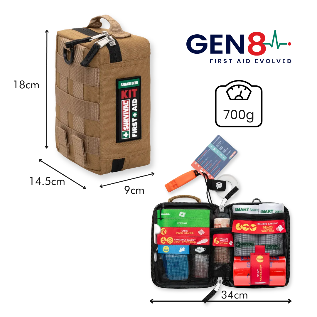 Tan SURVIVAL Snake Bite KIT Gen 8 dimensions and contents